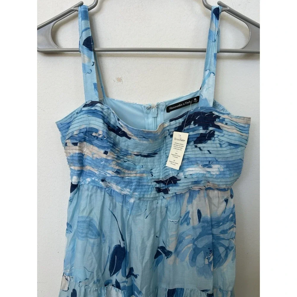 NWT Abercrombie & Fitch Tiered Ruched Blue Babydoll Maxi Dress Sz M